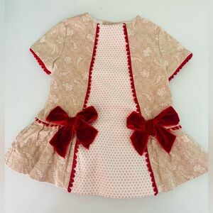 DOLCE PETIT  Baby Girl Cream and Red Velvet Bow Dress Sz 6 months old